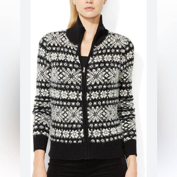 Lauren Ralph Lauren Active Eyelash Sweater Full Zip Fair Isle Black Soft White - Picture 1 of 7